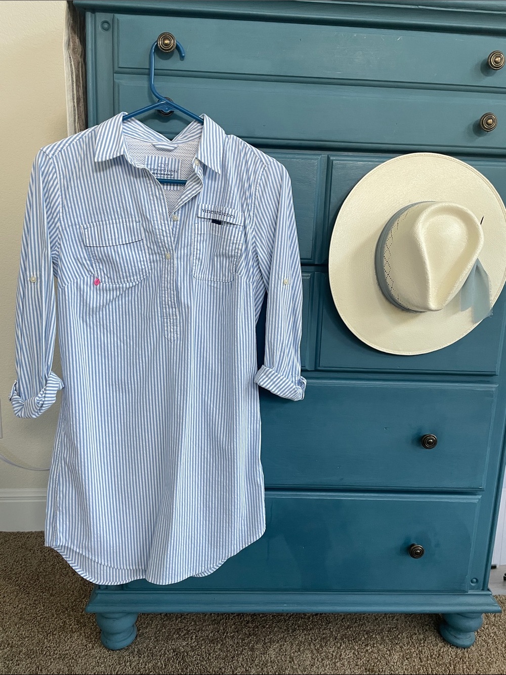 Vineyard Vines Harbor Light Blue & White Striped Button-Front Tunic Shirt
